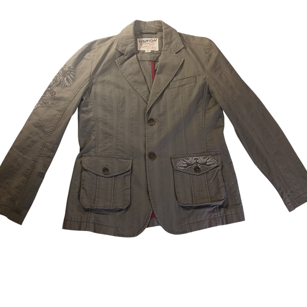 Yishion M‎ Embroidered Military Blazer Jacket Olive Green Utility Preppy Chic